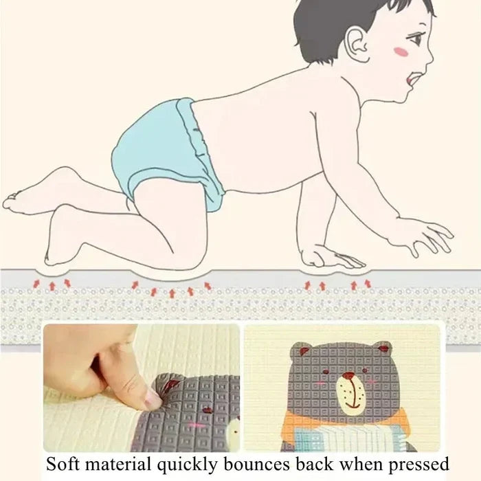 Baby play mat showing soft surface that rebounds when pressed, with animal print