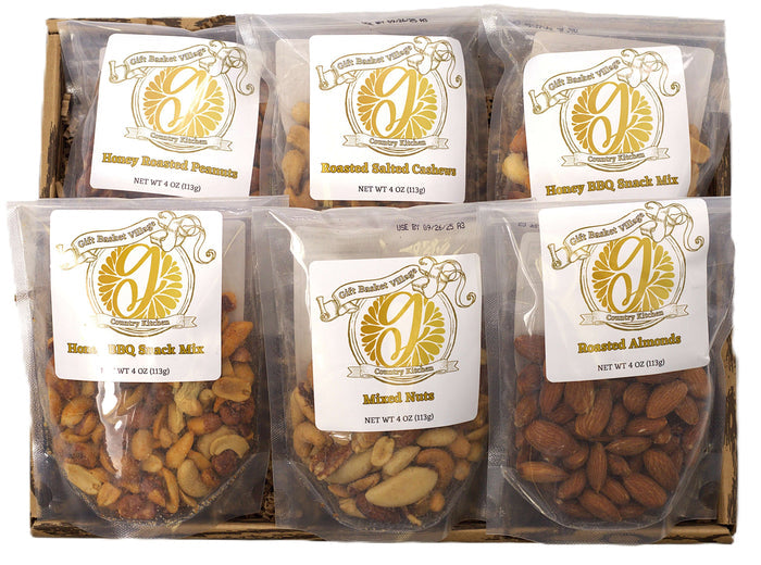 Nut gift box with six clear bags of nuts, each with printed logo labels