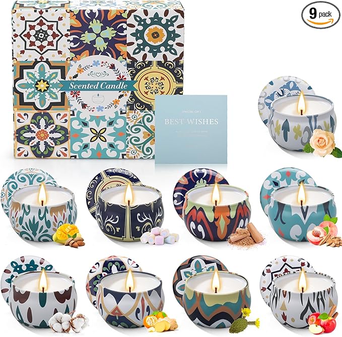 9-pack scented soy candles gift set with colorful ceramic holders, assorted patterns