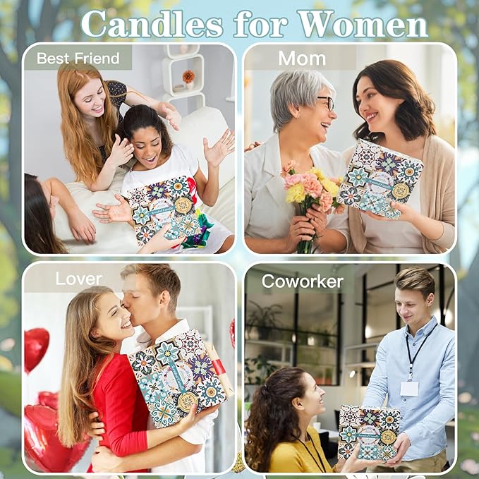 Assorted gift candles for women, presented in colorful patterned ceramic jars