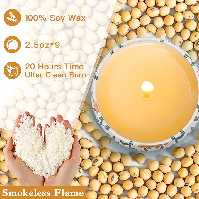 Close-up of a lit scented soy candle in a round ceramic holder, warm glow
