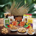 Gift basket with woven straw, filled with assorted snacks, cookies, and colorful flower garnish