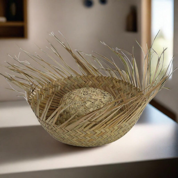 Woven straw gift basket with tall straw handles