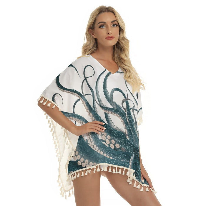 Octopus Fringe Shawl Cover-Up - Women's Ocean-Inspired Square Beach Wrap with Fringe, Lightweight Resort Wear XS to 2XL