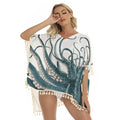 Octopus Fringe Shawl Cover-Up - Women's Ocean-Inspired Square Beach Wrap with Fringe, Lightweight Resort Wear XS to 2XL