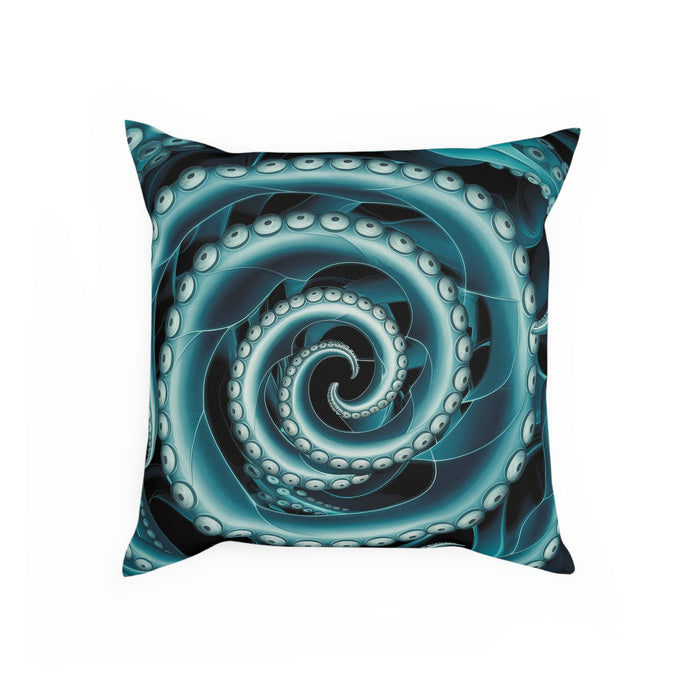Octopus Spiral Tentacle Cushion – Hypnotic Bioluminescent Teal & Black Deep Sea Art | Cotton Cover | Double-Sided Print | 3 Sizes | Gothic Ocean Home Decor