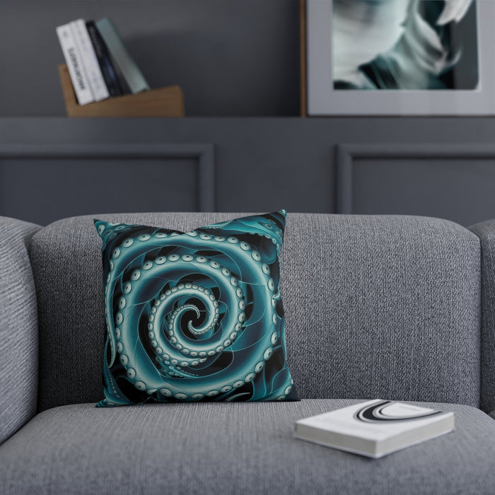 Octopus Spiral Tentacle Cushion – Hypnotic Bioluminescent Teal & Black Deep Sea Art | Cotton Cover | Double-Sided Print | 3 Sizes | Gothic Ocean Home Decor