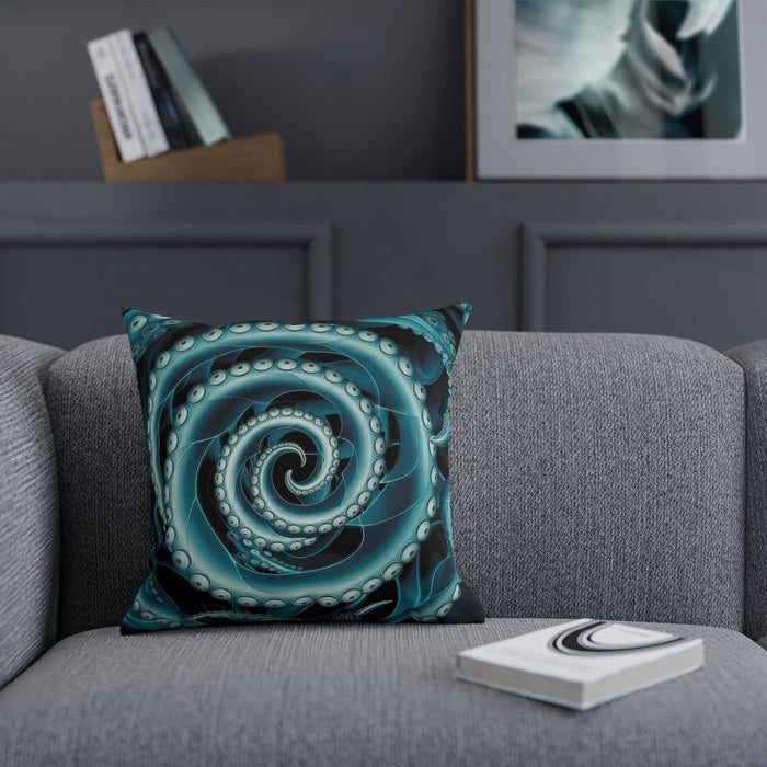 Octopus Spiral Tentacle Cushion – Hypnotic Bioluminescent Teal & Black Deep Sea Art | Cotton Cover | Double-Sided Print | 3 Sizes | Gothic Ocean Home Decor