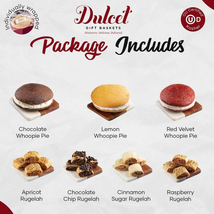 Gift basket package includes labeled mini cakes and cookies, variety tray layout