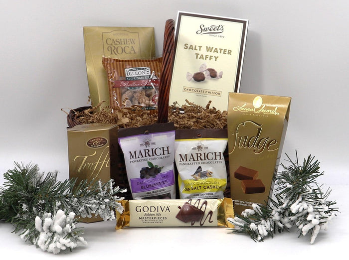 Old Fashioned Christmas gift basket with assorted chocolates and candy bags