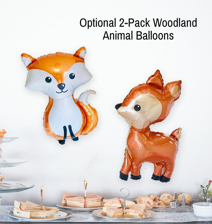 Woodland animal balloon pair: orange fox and brown deer balloons for fall party decor