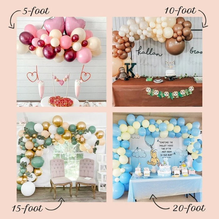 Balloon garland length guide showing 5-foot, 10-foot, 15-foot, and 20-foot setups