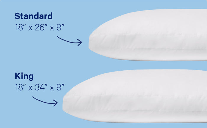 Casper Original Pillow. Standard size 18" x 26" x 9" and King size 18" x 34" x 9"