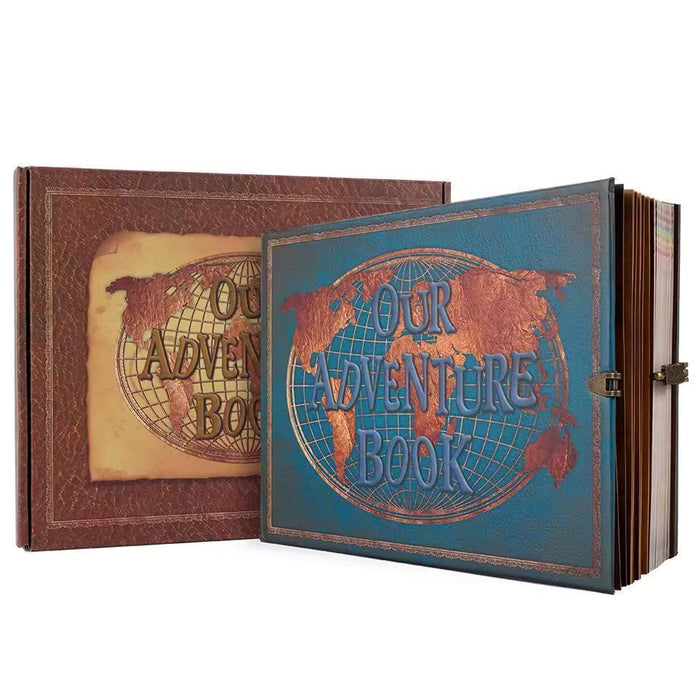Retro leather travel photo album with world map cover and 'Our Adventure Book' design