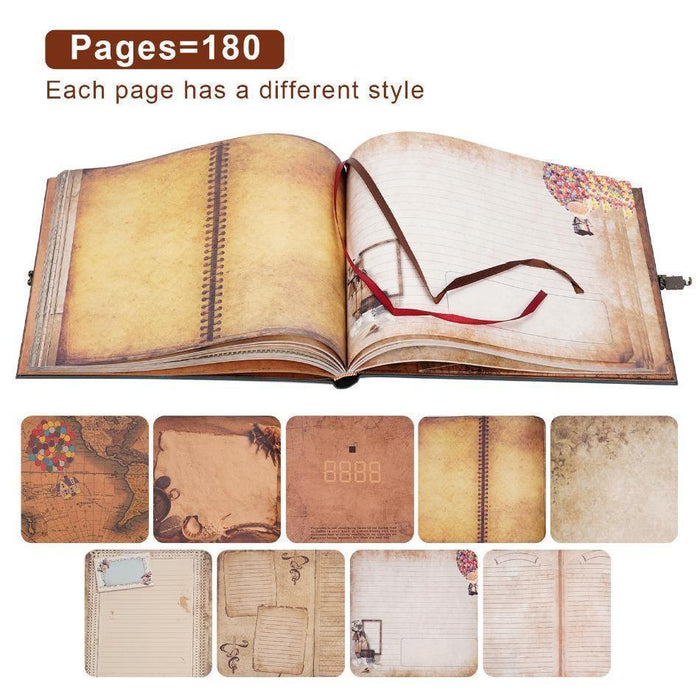 Vintage leather photo album open to blank pages with stitched spine and travel map print