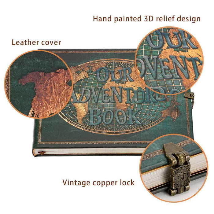 Vintage leather travel photo album with raised 3D world map cover and copper-style lock