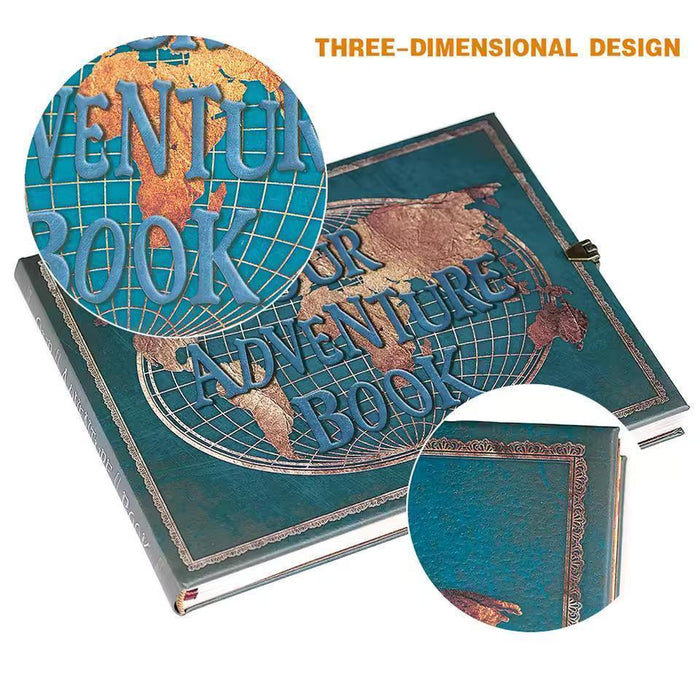 Teal leather travel photo album with 3D world map cover and faux lock hardware details