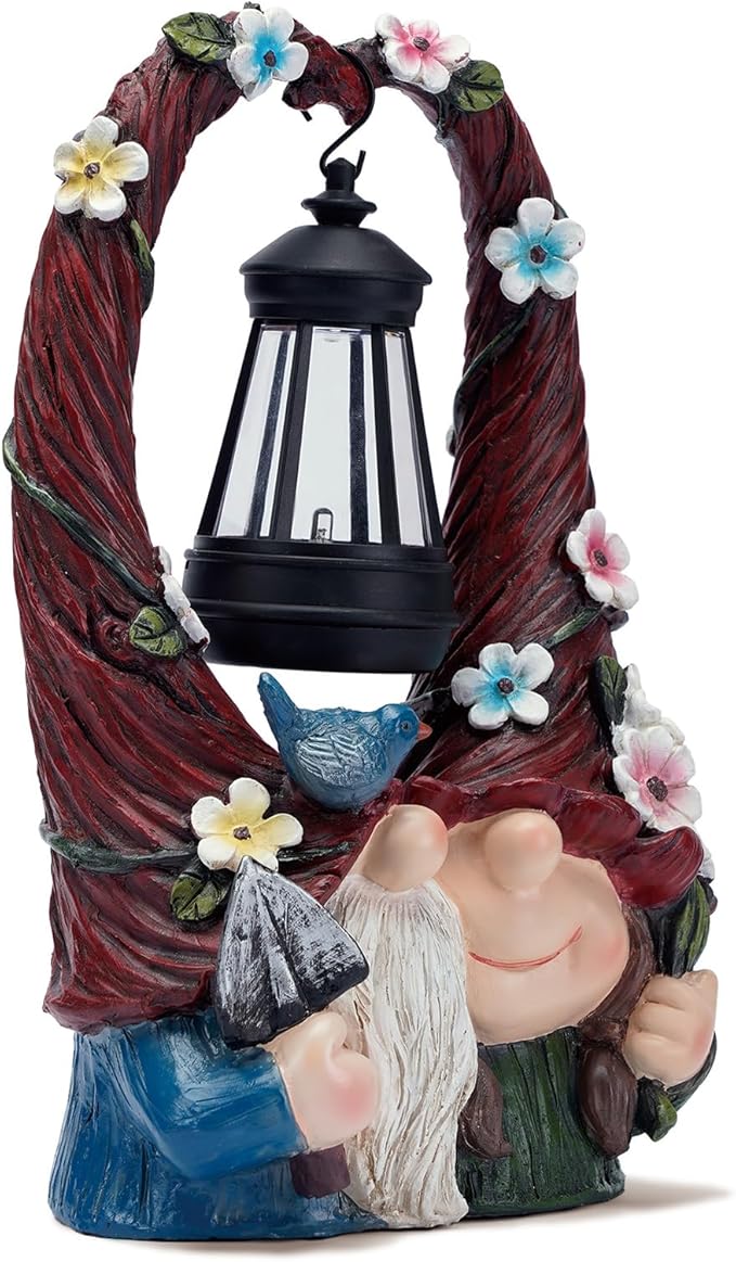 Resin gnome couple figurine with solar lantern and flower vine wreath, standing decor