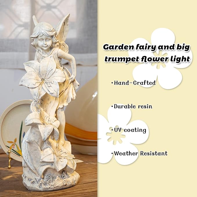 Cream resin garden fairy angel statue on pedestal with trumpet flower light glow