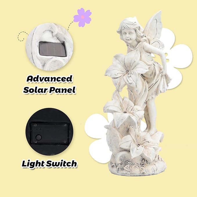 White solar fairy angel statue with flower blooms and illustration of solar panel