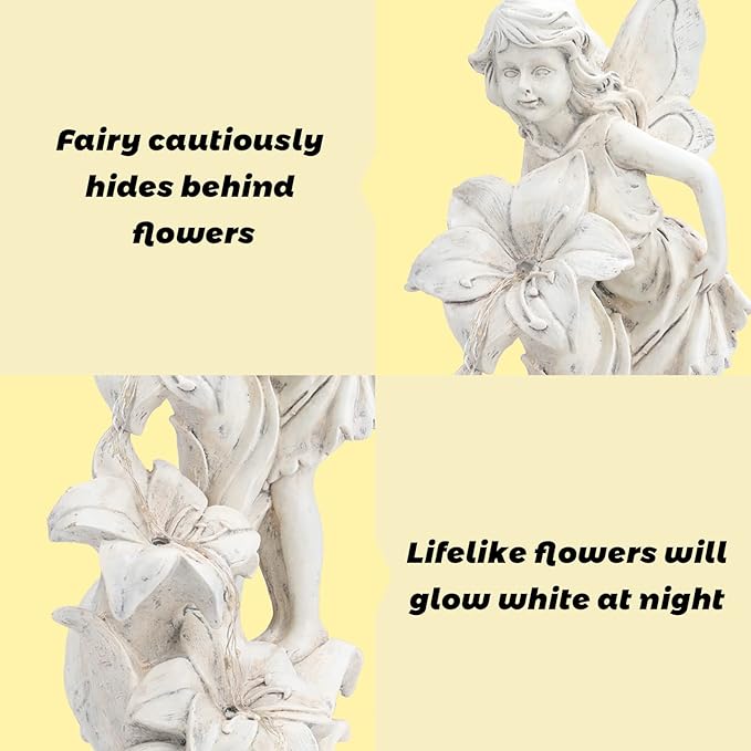 White resin fairy angel statue beside large flowers, night glow shown in graphics