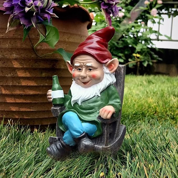 Garden gnome figurine with red hat, white beard, green vest, holding a wine bottle