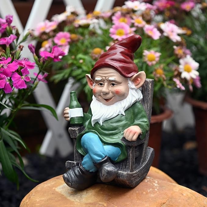 Wine-themed garden gnome figurine on round base, red hat, green outfit, bottle in hand