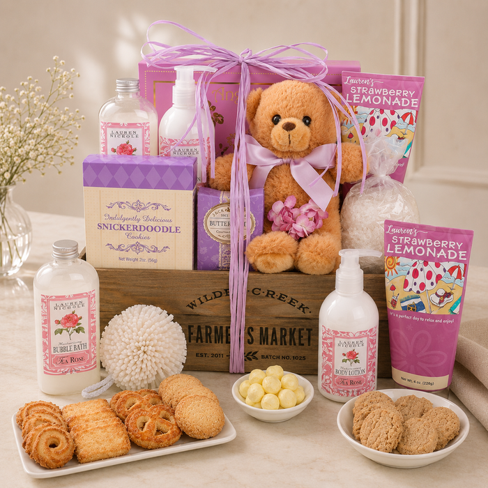 Spa gift basket with plush teddy bear, pink ribbon, strawberry lemonade bottles, cookies