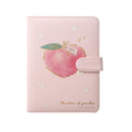 Pink peach notebook with side strap, stitched edges, flower icons, and a peach illustration