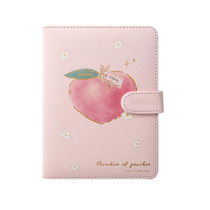 Pink peach notebook with side strap, stitched edges, flower icons, and a peach illustration