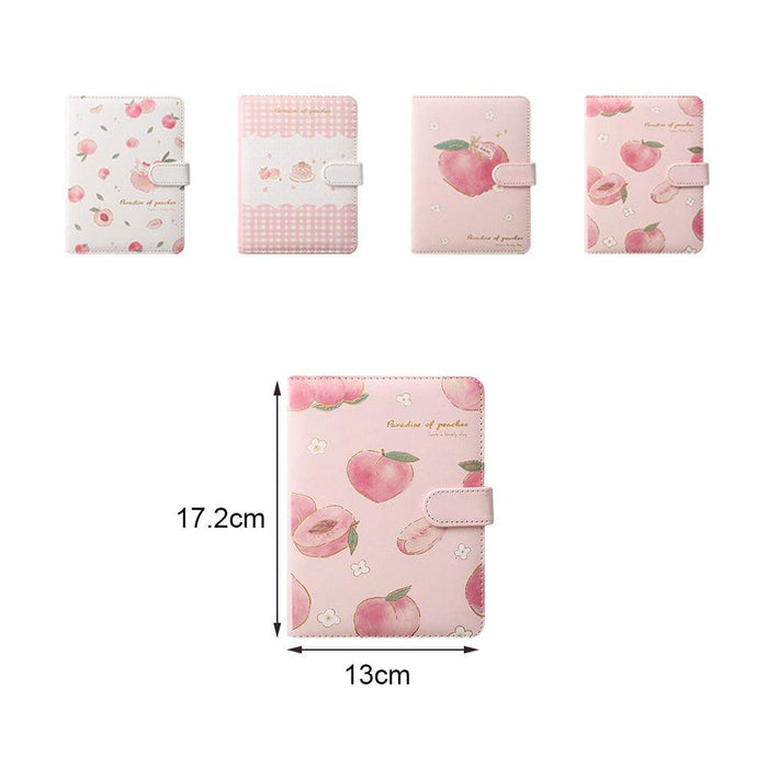 Peach-pattern notebook with strap, shown with size diagram and four cover design views