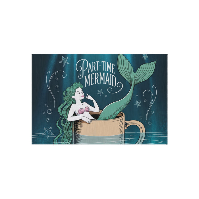 Part-Time Mermaid Outdoor Rug – Whimsical Mermaid in a Coffee Cup Chalk Art | Non-Slip UV-Resistant | 4 Sizes | Beach House Patio Coastal Decor
