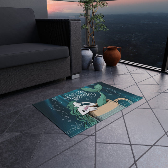 Part-Time Mermaid Outdoor Rug – Whimsical Mermaid in a Coffee Cup Chalk Art | Non-Slip UV-Resistant | 4 Sizes | Beach House Patio Coastal Decor