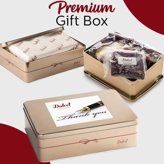 Premium gift box set with metal tin and packaged cookies, “Thank you” label