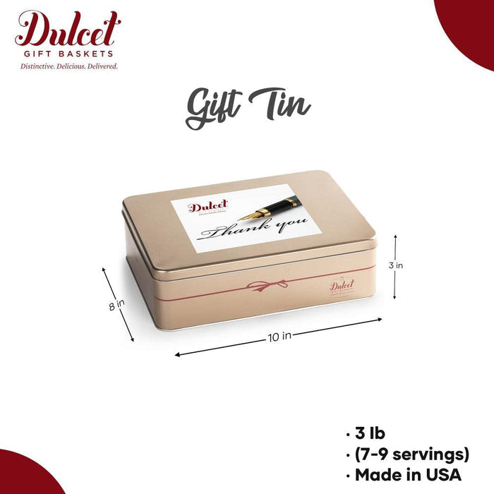 Gold “Thank you” gift tin with “Gift Tin” title and size dimensions