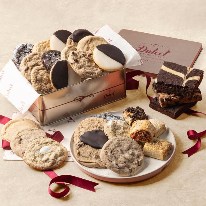 Metal gift tin filled with assorted cookies, brownies, and powdered sugar pastries