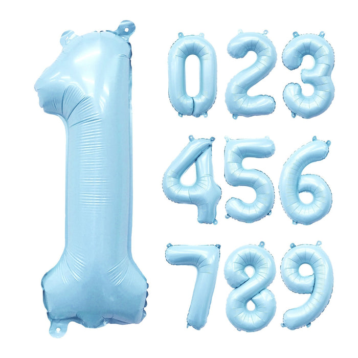Pastel blue foil number balloons set, 0-9 digits arranged on white background