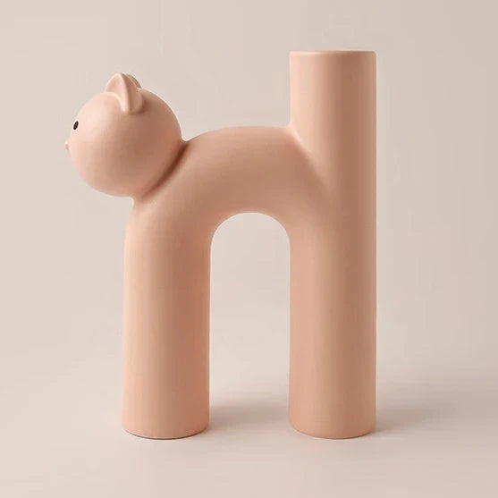 Pastel ceramic cat flower vase in pink, tall arched body with small ears