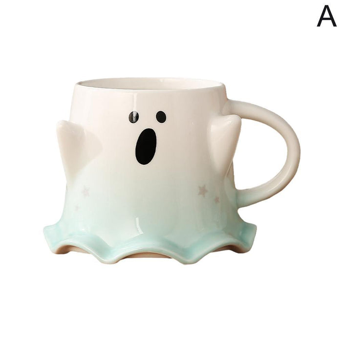 Ghost face mug with large oval mouth and pale green star accents, front view with handle