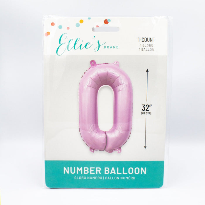 Lilac pink foil number 0 balloon in retail packaging, 32-inch size