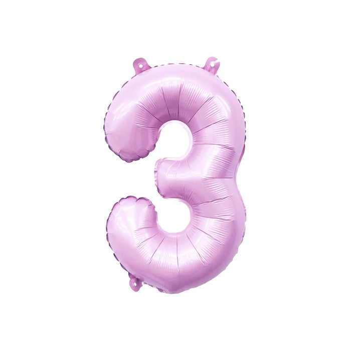 Lilac pink foil number 3 balloon, 32-inch giant balloon with hanging tabs