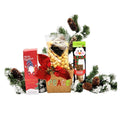Holiday gift basket with burlap base, Peace text, popcorn and sugar cookies, pine accents