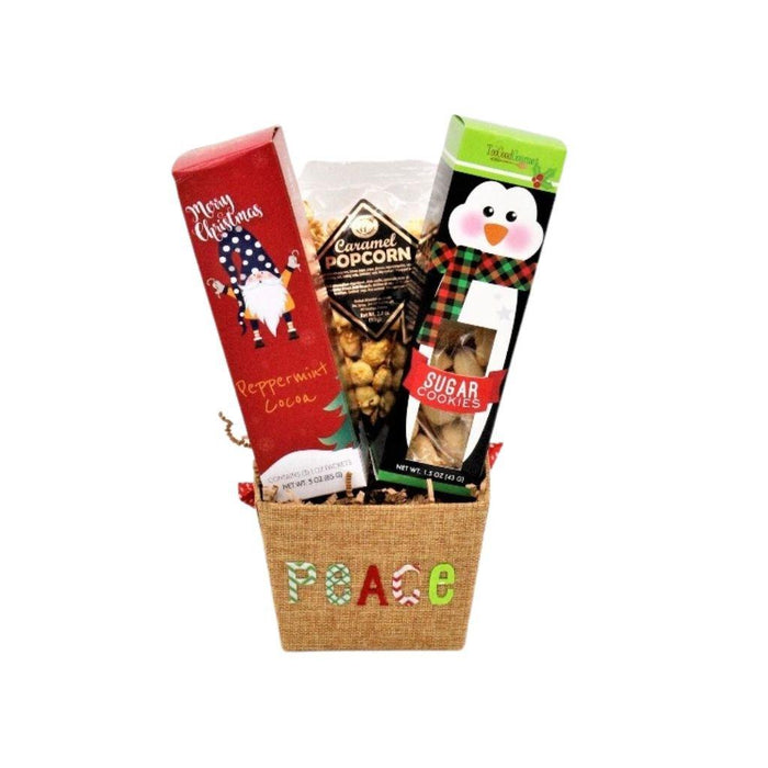 Burlap gift basket with Peace lettering, caramel popcorn, sugar cookies, and peppermint cocoa mix