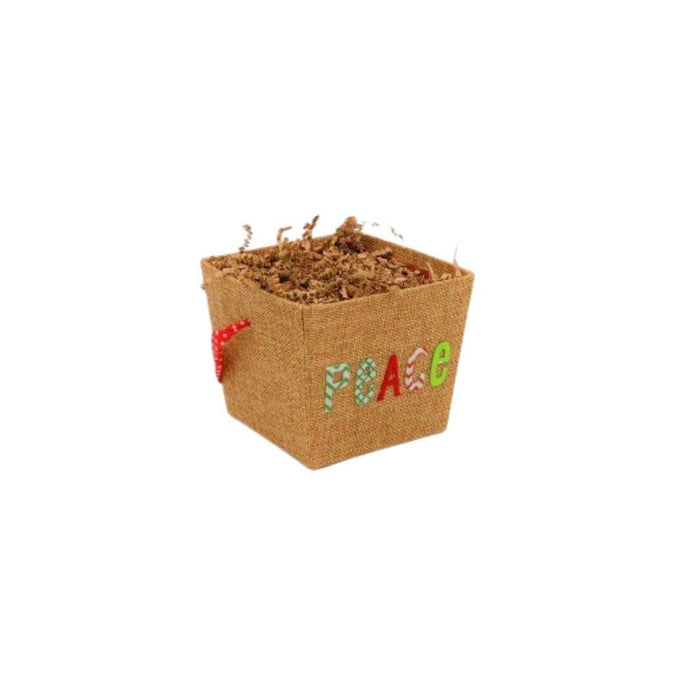 Burlap Peace gift basket with shredded filler, no visible packaged items