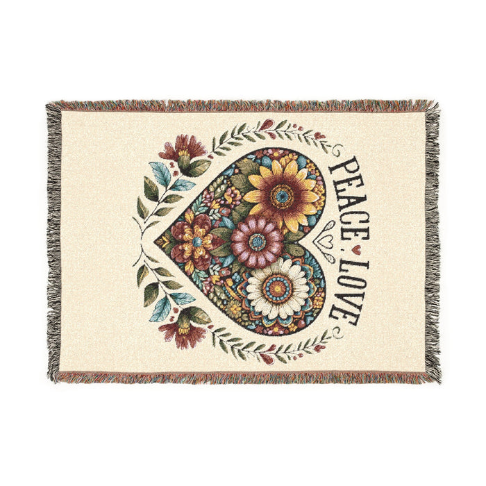 Peace Love Floral Heart Woven Tapestry Throw – Boho Botanical Sunflower & Wildflower Cotton Blanket | Fringe Edges | 3 Sizes | Cottagecore Home Decor Gift