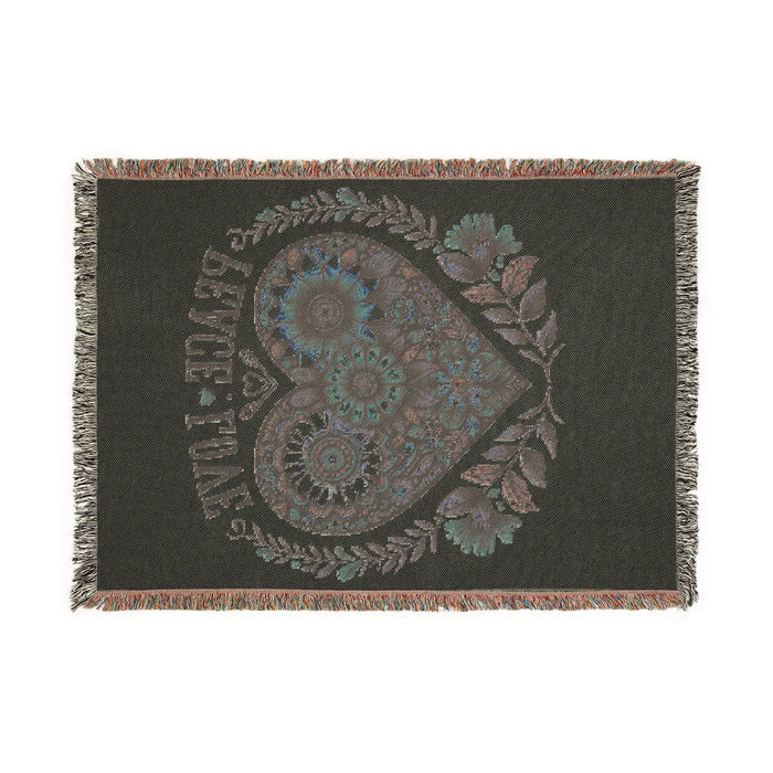 Peace Love Floral Heart Woven Tapestry Throw – Boho Botanical Sunflower & Wildflower Cotton Blanket | Fringe Edges | 3 Sizes | Cottagecore Home Decor Gift