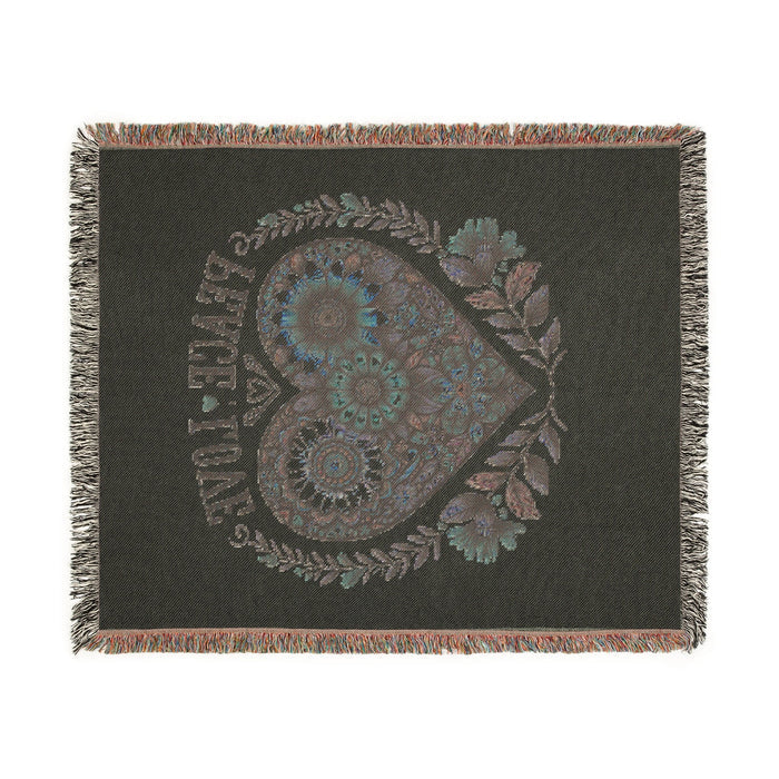 Peace Love Floral Heart Woven Tapestry Throw – Boho Botanical Sunflower & Wildflower Cotton Blanket | Fringe Edges | 3 Sizes | Cottagecore Home Decor Gift