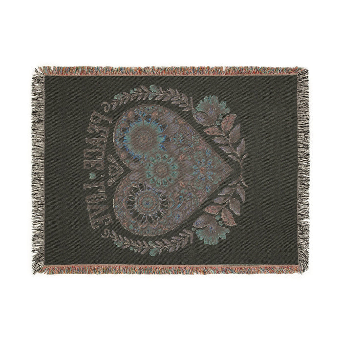 Peace Love Floral Heart Woven Tapestry Throw – Boho Botanical Sunflower & Wildflower Cotton Blanket | Fringe Edges | 3 Sizes | Cottagecore Home Decor Gift