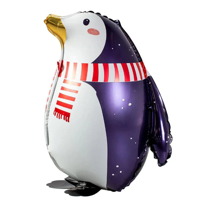 Penguin foil balloon, gold beak, navy body, white belly, red striped scarf