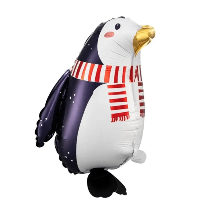 Penguin foil balloon with gold beak, navy wings, white belly, and red striped scarf